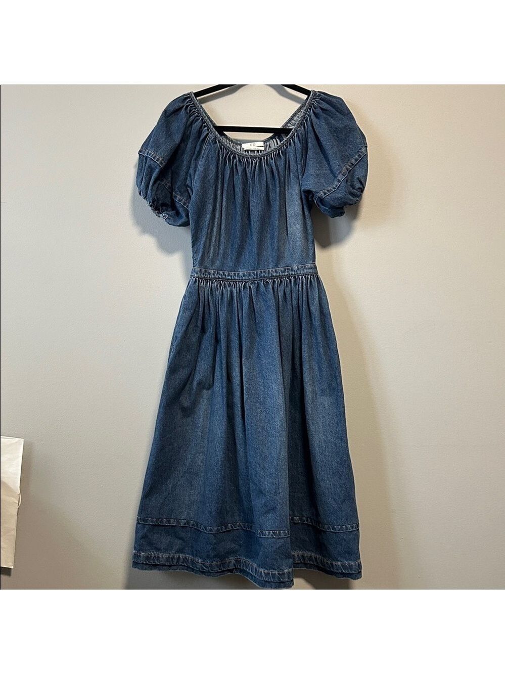 CO Denim Designer Puff Short Sleeve Minimalist Midi Dress Size XS - Picture 2 of 11